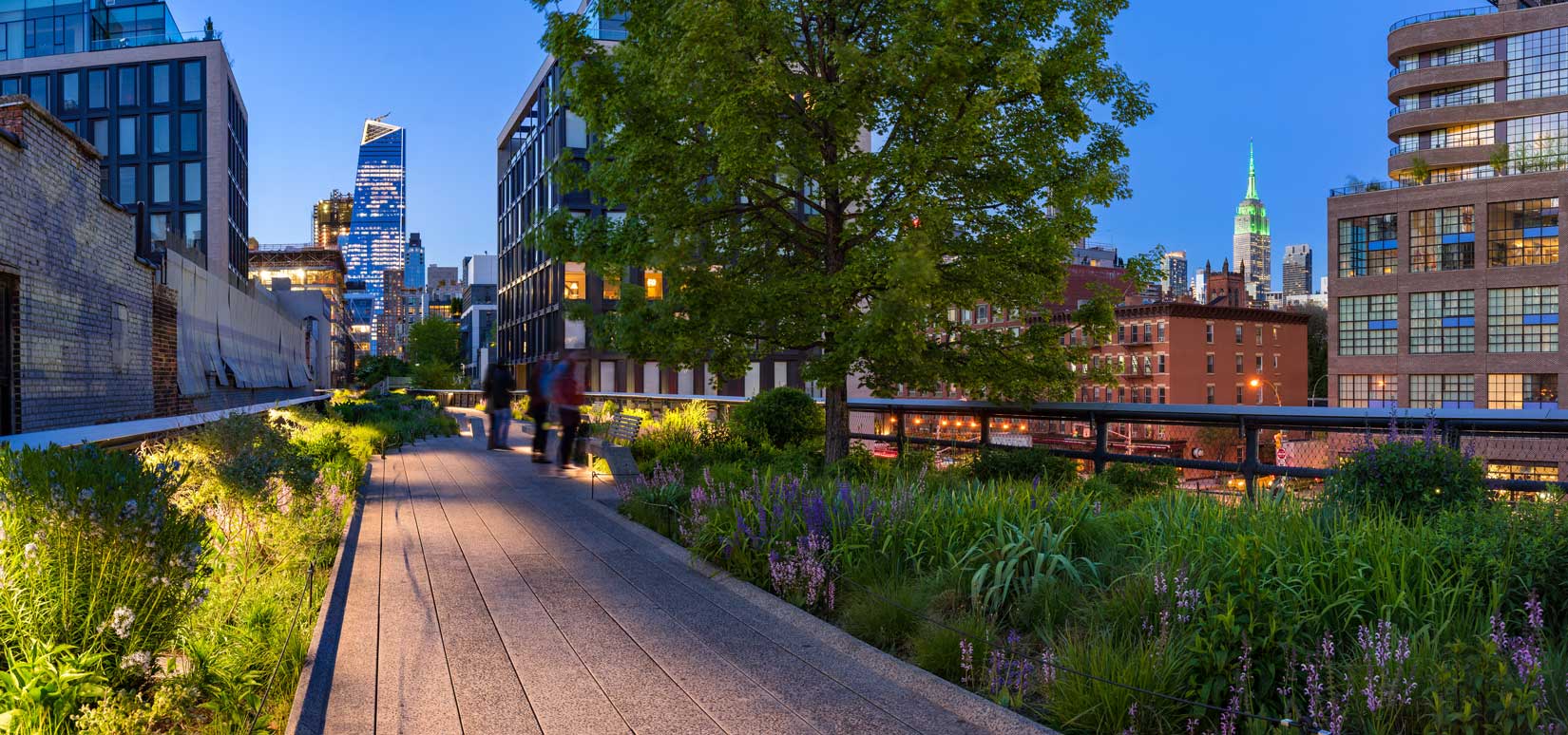 Highline panoramic view at twilight with city lights, illuminate